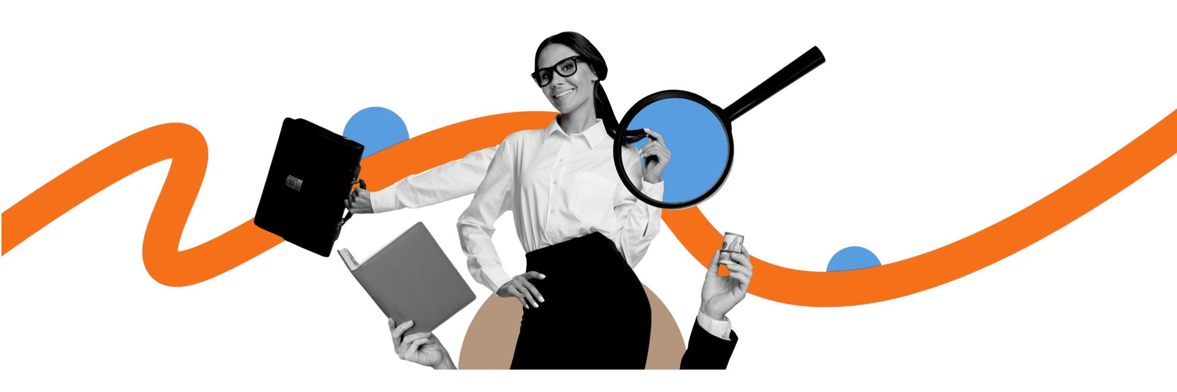 Find Your Why Translate it with JPTI Working woman magnifying glass and graphic elements indicating busy career