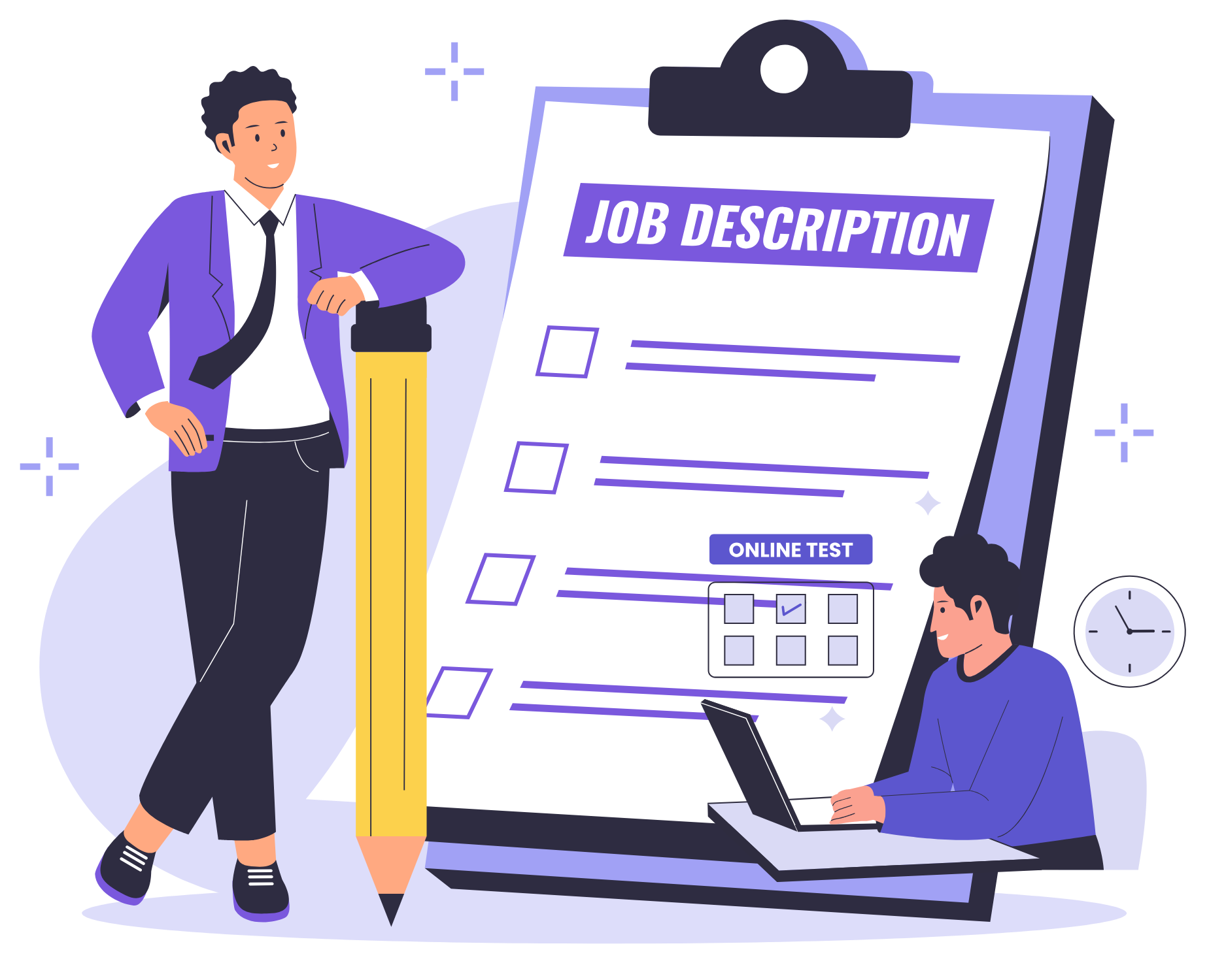 Review Your Ideal JPTI Job Roles Cartoon character reviewing job descriptions