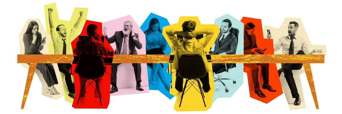 white colar worker collage around table in multiple colors